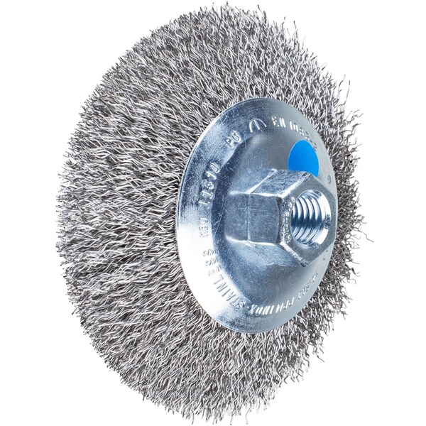 Pferd 4-1/2'' Dia. crimped wire bevel brush - .014'' stainless steel wire, 5/8-11 threaded nut - 82371
