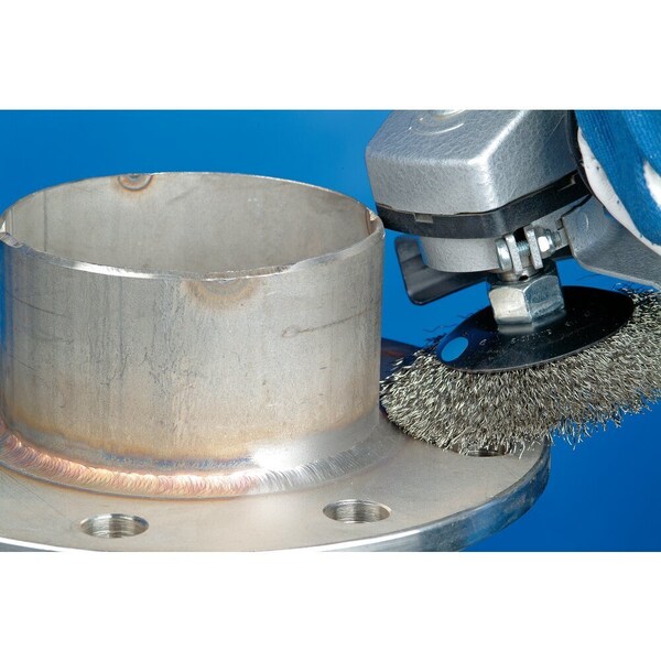 Pferd 4-1/2'' Dia. crimped wire bevel brush - .014'' stainless steel wire, 5/8-11 threaded nut - 82371