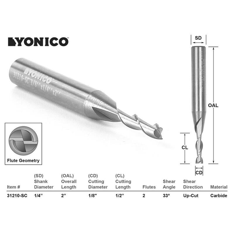 Fresa Espiral de Dos Filos Yonico de Carburo Sólido de 1/8 pulg. para Router CNC - 31210-SC