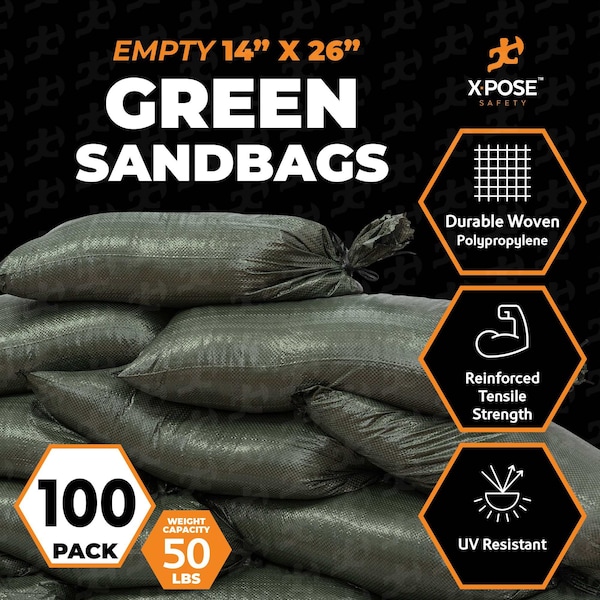 Xpose Safety Woven Poly Sand Bags for Flooding, 14 x 26, 50 lb WL, Empty, Green, Pack of 100, 100PK - SBG-1426-100-X-S