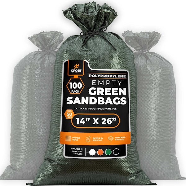 Xpose Safety Woven Poly Sand Bags for Flooding, 14 x 26, 50 lb WL, Empty, Green, Pack of 100, 100PK - SBG-1426-100-X-S