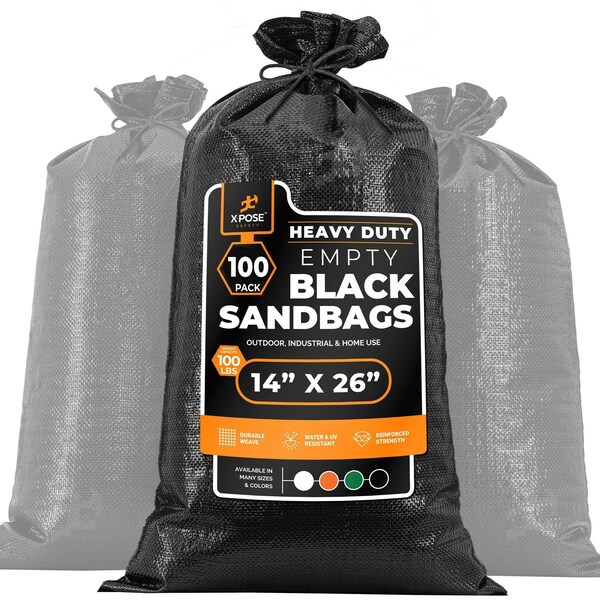 Xpose Safety Woven Poly Sand Bags for Flooding, 14 x 26 Heavy Duty 100 lb WL, Empty, Black, Pack of 100, 100PK - SBB-HVY-1426-100-X-S
