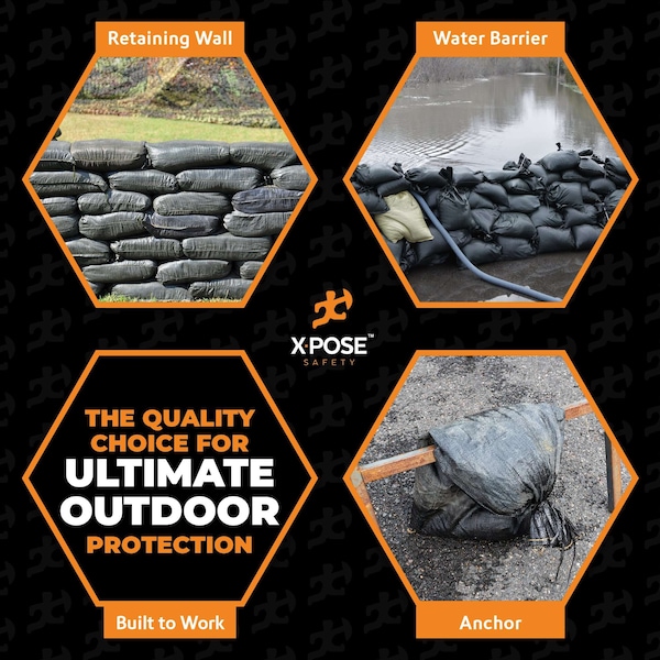 Xpose Safety Woven Poly Sand Bags for Flooding, 14 x 26 Heavy Duty 100 lb WL, Empty, Black, Pack of 100, 100PK - SBB-HVY-1426-100-X-S
