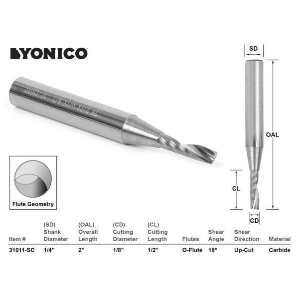 Yonico O Flute Upcut Espiral Molino de Extremo 1/8 in. Diam. 1/4 in. Mango Carburo Sólido Fresa de CNC - 31011-SC