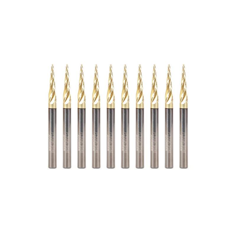 Juego de brocas para router CNC de carburo sólido con revestimiento ZRN en espiral cónica de 1/16 pulg. de diámetro y 1/4 pulg. de vástago (10 piezas) - 37412-SC-10PK