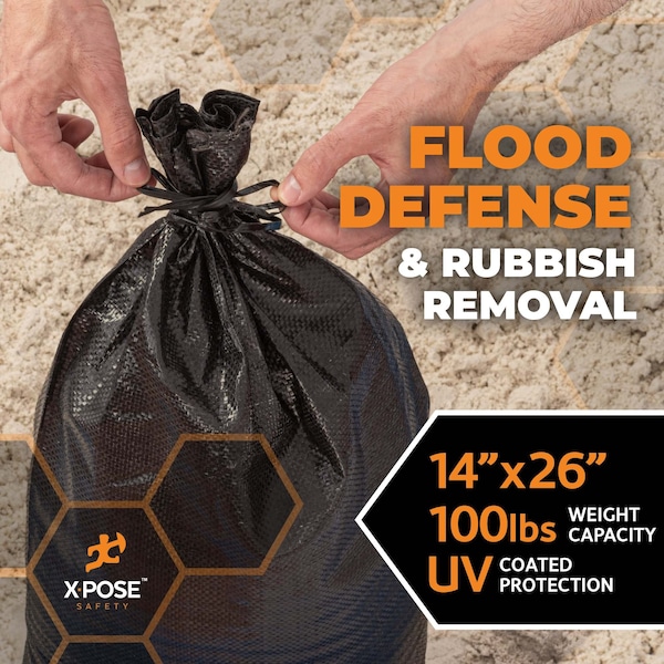 Xpose Safety Woven Poly Sand Bags for Flooding, 14 x 26 Heavy Duty 100 lb WL, Empty, Black, 1000PK - SBB-HVY-1426-1000-X
