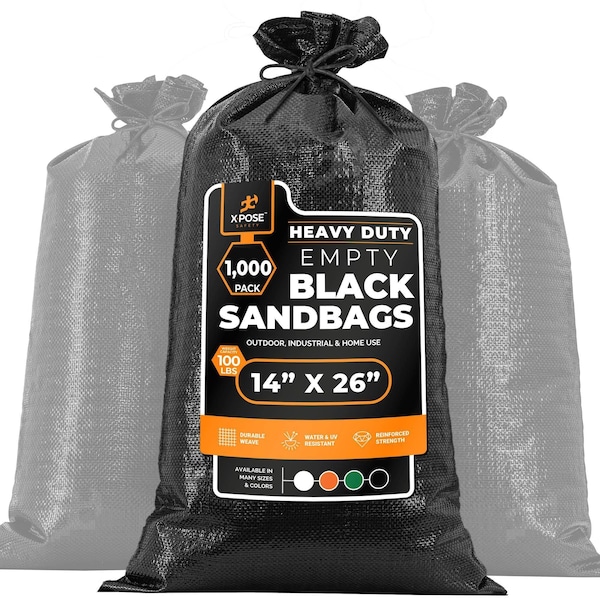 Xpose Safety Woven Poly Sand Bags for Flooding, 14 x 26 Heavy Duty 100 lb WL, Empty, Black, 1000PK - SBB-HVY-1426-1000-X