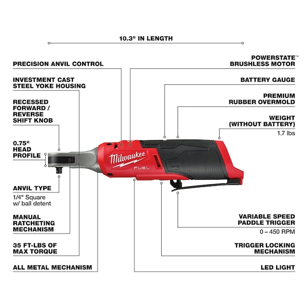 Milwaukee Tool M12 FUEL 1/4 in. High Speed Ratchet (Tool Only) - 2566-20