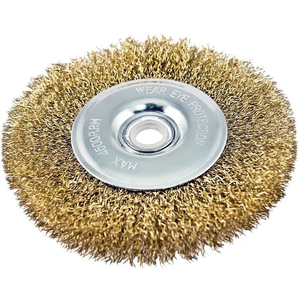 Vulcan Wire Wheel Brush with Hole, 4 in Dia, 5/8 in Arbor Hole, 1/2 in Adapter Ring Arbor/Shank - 322631OR