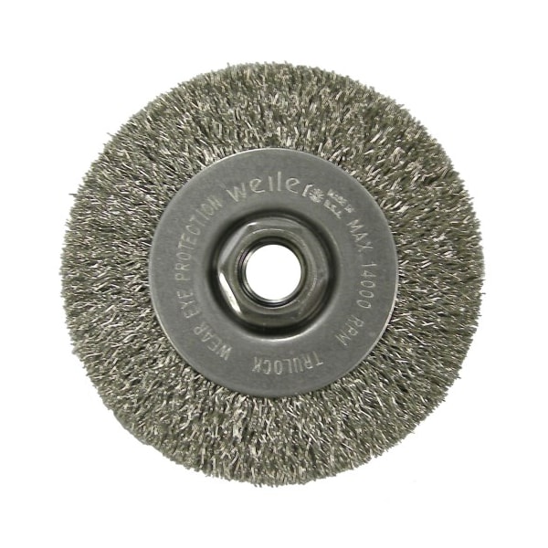 Weiler 4" Narrow Face Crimped Wire Wheel, .014" Fill, 5/8"-11 UNC Nut - 13085
