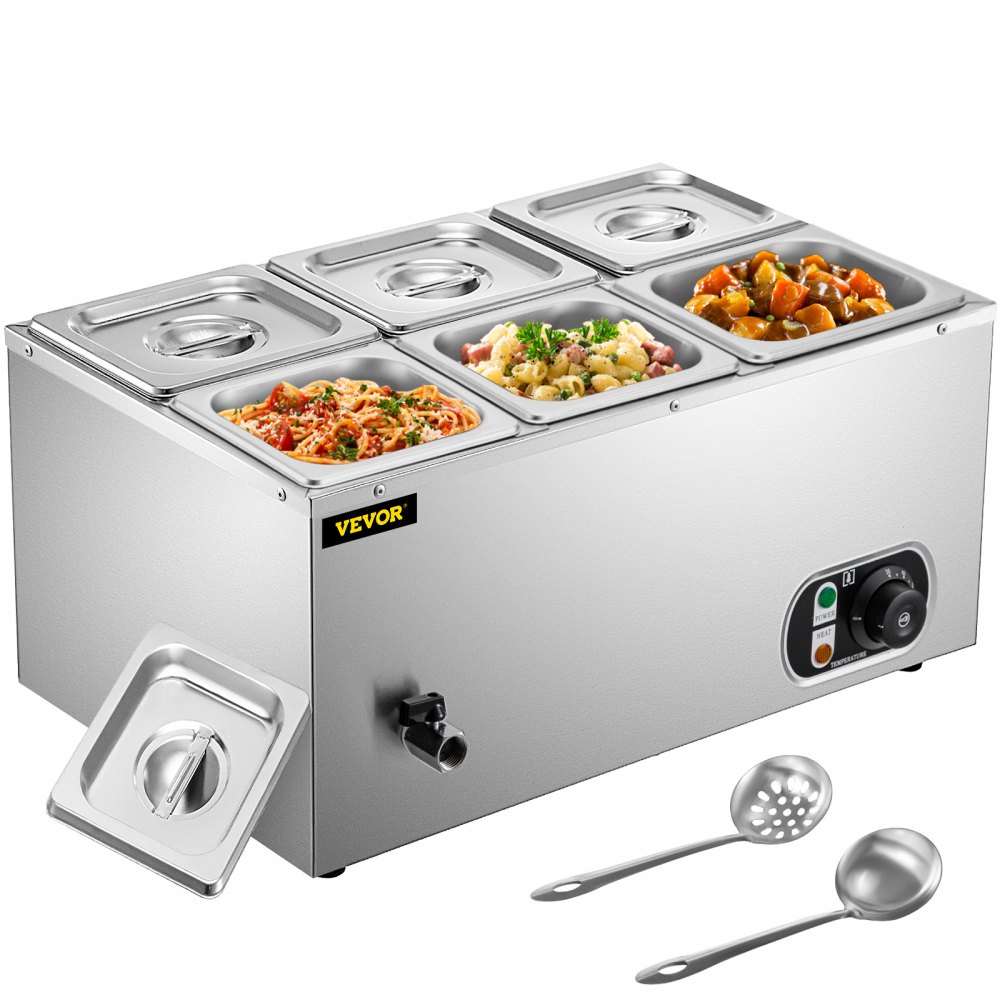 VEVOR 110V Commercial Food Warmer 6x1/6GN, 6-Pan Stainless Steel Bain Marie 12.6 Qt Capacity,1500W Steam Table 15cm/6inch Deep,Temp. Control 86-185, Electric Soup Warmer w/Lids & 2 Ladles - PT6BM-33A110VUKDKV1