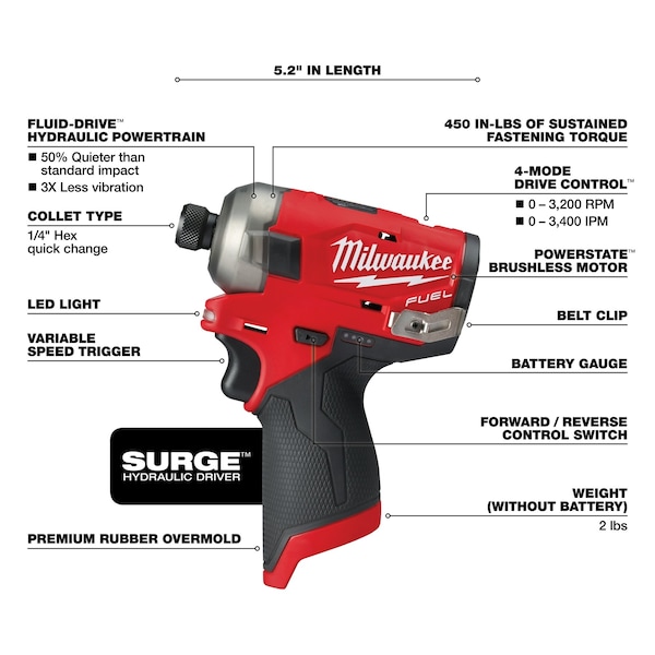 Milwaukee Tool M12 FUEL SURGE 1/4" Hex Hydraulic Driver Bare Tool - 2551-20