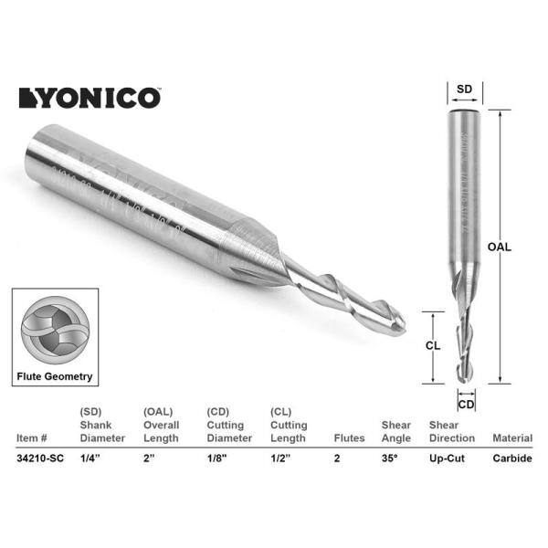 Fresa de punta esférica de dos flautas Yonico de 1/8 pulg. de diámetro y 1/4 pulg. de vástago de carburo sólido para router CNC - 34210-SC