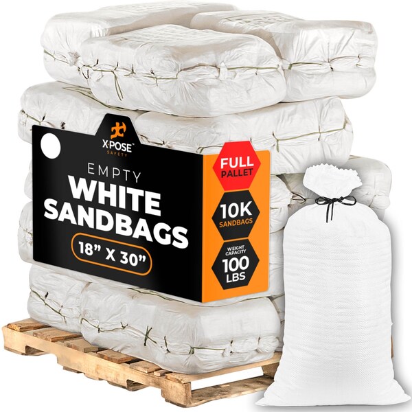 Xpose Safety Woven Polypropylene Sand Bags for Gravel - 18in x 30in 100 lb Limit, White, Pallet of 10,000 - SBW-1830-FP10000-X