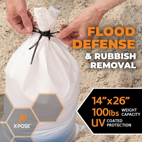 Xpose Safety White Sand Bags - 14inx26in, 100 lb, Half Pallet of 4,000 - SBW-HVY-1426-HP4000-X