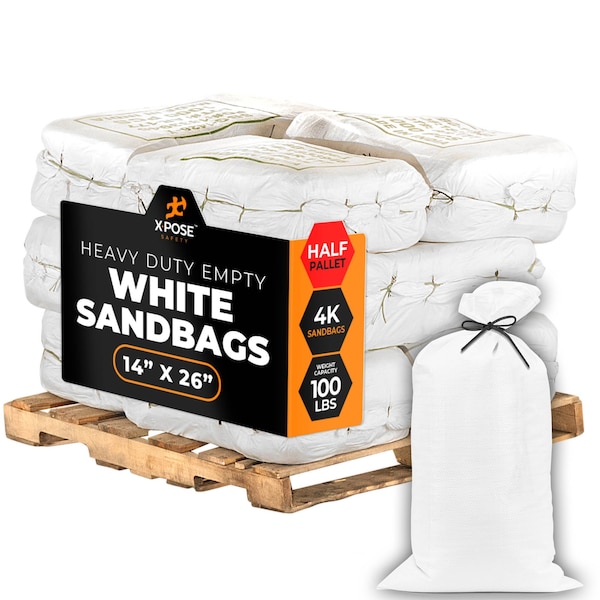 Xpose Safety White Sand Bags - 14inx26in, 100 lb, Half Pallet of 4,000 - SBW-HVY-1426-HP4000-X