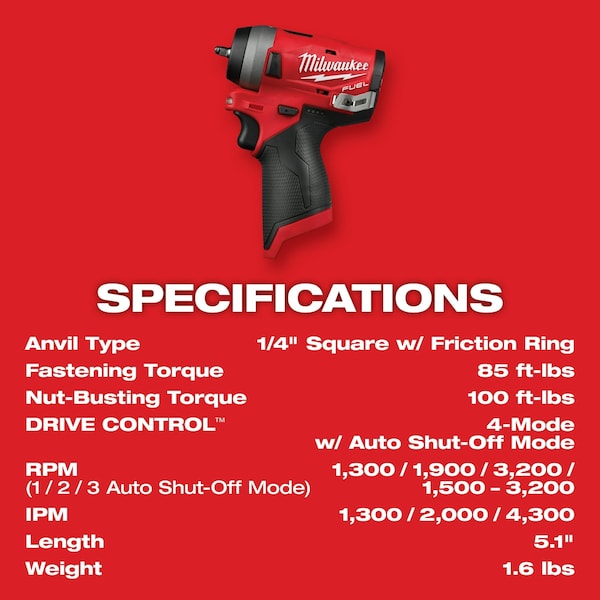 Milwaukee Tool M12 FUEL 1/4"  Stubby Impact Wrench - 2552-20