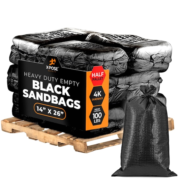 Xpose Safety Black Sand Bags - 14inx26in, 100 lb, Half Pallet of 4,000 - SBB-HVY-1426-HP4000-X