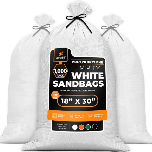 Xpose Safety Woven Poly Sand Bags for Flooding, 18 x 30, 100 lb WL, Empty, White, Pack of 1000, 1000PK - SBW-1830-1000-X