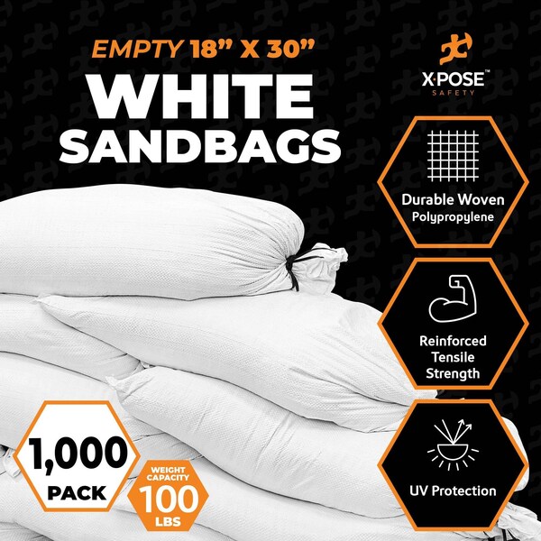 Xpose Safety Woven Poly Sand Bags for Flooding, 18 x 30, 100 lb WL, Empty, White, Pack of 1000, 1000PK - SBW-1830-1000-X