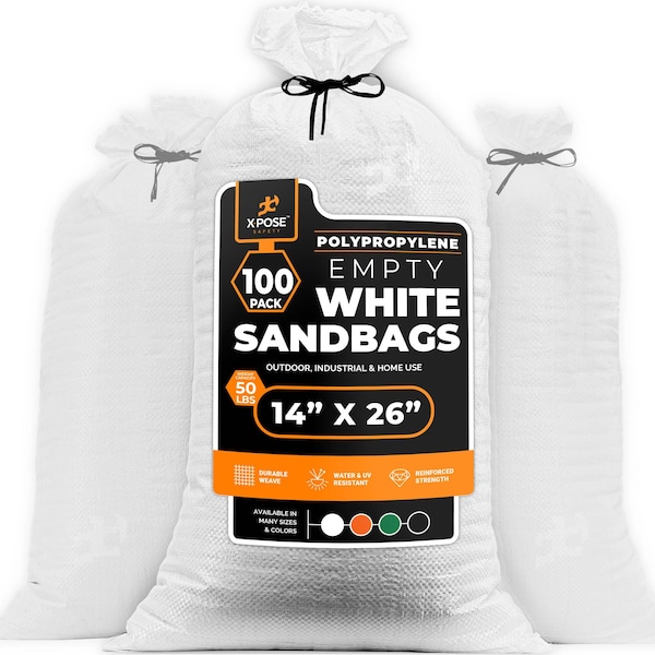 Xpose Safety Woven Poly Sand Bags for Flooding, 14 x 26 Heavy Duty 100 lb WL, Empty, White, Pack of 100, 100PK - SBW-HVY-1426-100-X-S