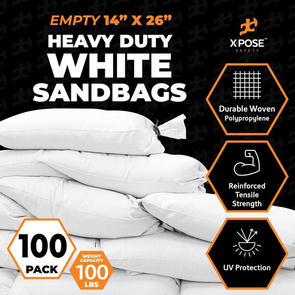 Xpose Safety Woven Poly Sand Bags for Flooding, 14 x 26 Heavy Duty 100 lb WL, Empty, White, Pack of 100, 100PK - SBW-HVY-1426-100-X-S