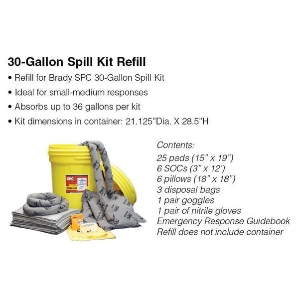 Brady Spill Kit Refill, 36 gal Volume Absorbed per Kit, 30 gal Capacity, Refill, Gray - SKA30-R