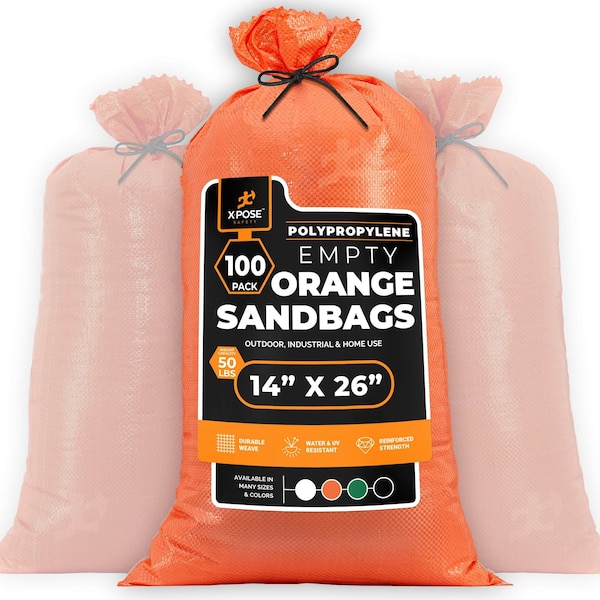 Xpose Safety Woven Poly Sand Bags for Flooding, 14 x 26, 50 lb WL, Empty, Orange, Pack of 100, 100PK - SBO-1426-100-X-S