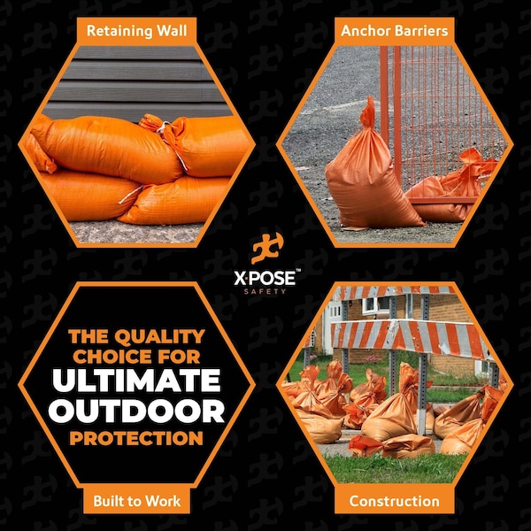Xpose Safety Woven Poly Sand Bags for Flooding, 14 x 26, 50 lb WL, Empty, Orange, Pack of 100, 100PK - SBO-1426-100-X-S