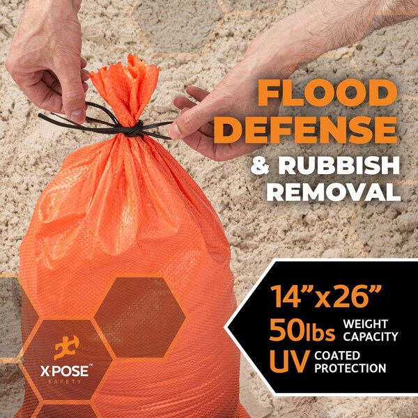 Xpose Safety Woven Poly Sand Bags for Flooding, 14 x 26, 50 lb WL, Empty, Orange, Pack of 100, 100PK - SBO-1426-100-X-S