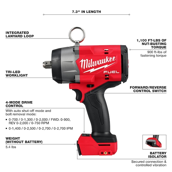 Milwaukee Tool M18 FUEL 1/2 in High Torque Impact Wrench with Pin Detent Tool Only - 2966-20