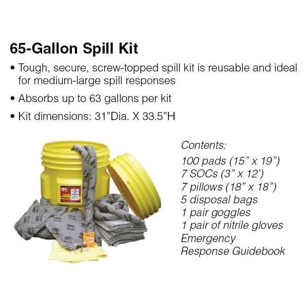 Brady Spill Kit, 63 gal Volume Absorbed per Kit, 65 gal Capacity, Drum, Yellow - SKH65