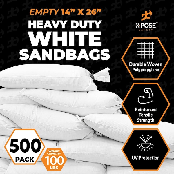 Xpose Safety Woven Poly Sand Bags for Flooding, 14 x 26 Heavy Duty 100 lb WL, Empty, White, Pack of 500, 500PK - SBW-HVY-1426-500-X