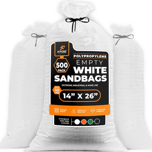 Xpose Safety Woven Poly Sand Bags for Flooding, 14 x 26 Heavy Duty 100 lb WL, Empty, White, Pack of 500, 500PK - SBW-HVY-1426-500-X