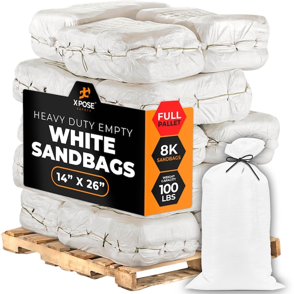Xpose Safety White Sand Bags - 14inx26in, 100 lb, Full Pallet of 8,000 - SBW-HVY-1426-FP8000-X