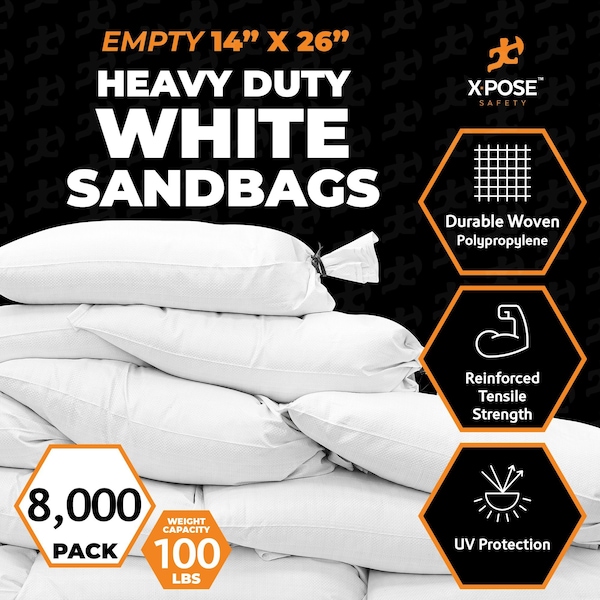 Xpose Safety White Sand Bags - 14inx26in, 100 lb, Full Pallet of 8,000 - SBW-HVY-1426-FP8000-X