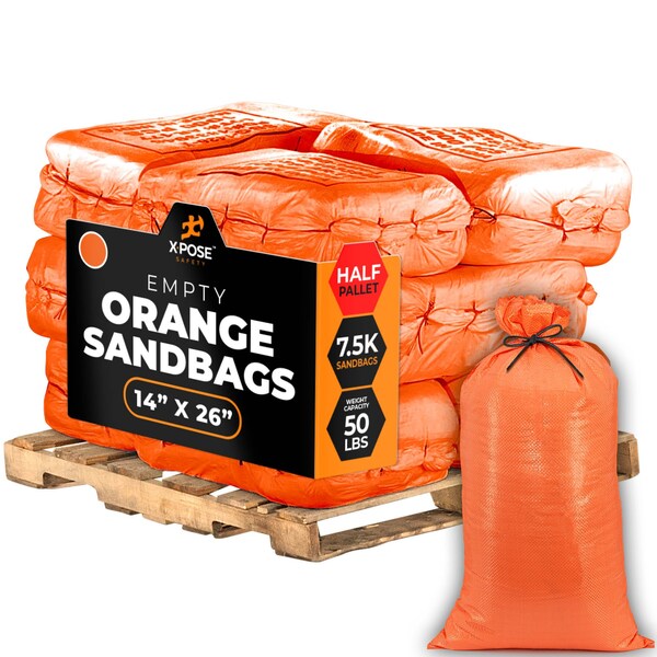 Xpose Safety Woven Polypropylene Sand Bags for Gravel - 14in x 26in 50 lb Limit, Orange, Half Pallet of 7,500 - SBO-1426-HP7500-X