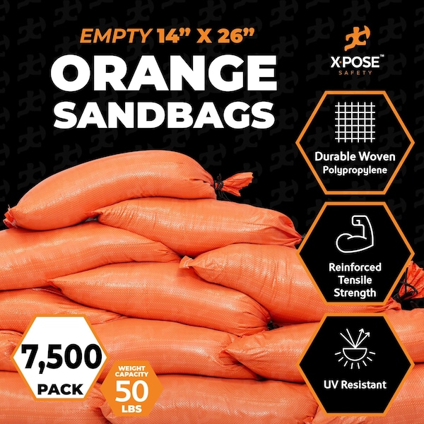 Xpose Safety Woven Polypropylene Sand Bags for Gravel - 14in x 26in 50 lb Limit, Orange, Half Pallet of 7,500 - SBO-1426-HP7500-X