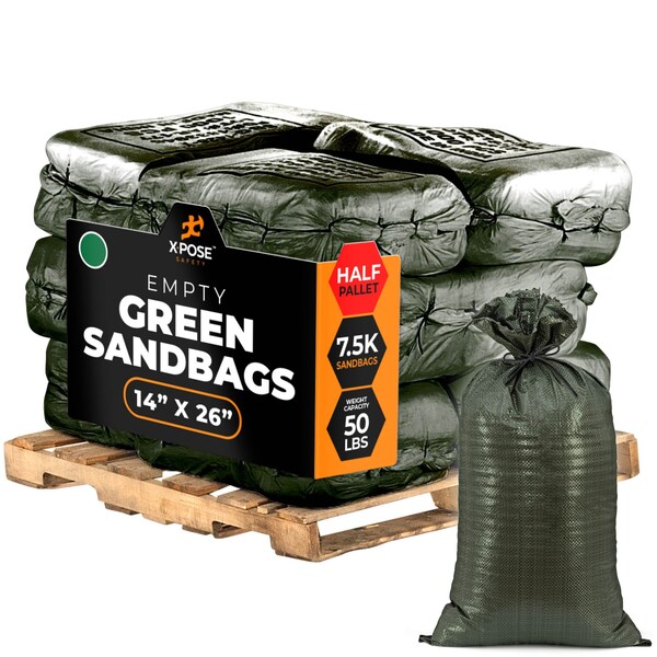 Xpose Safety Woven Polypropylene Sand Bags for Gravel - 14in x 26in 50 lb Limit, Green, Half Pallet of 7,500 - SBG-1426-HP7500-X
