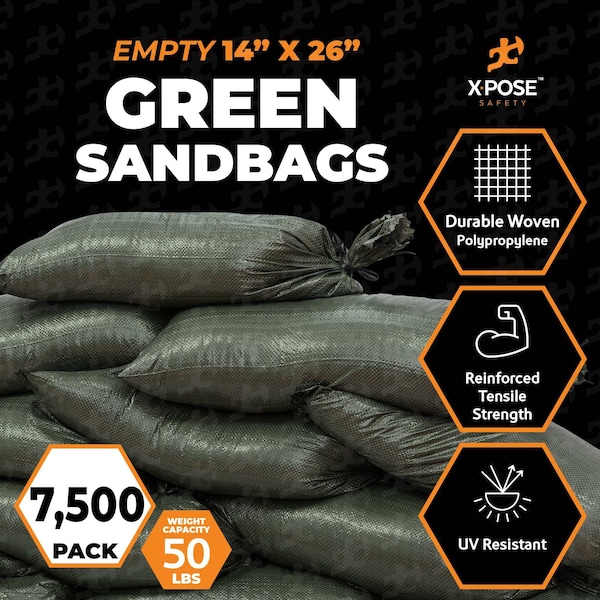 Xpose Safety Woven Polypropylene Sand Bags for Gravel - 14in x 26in 50 lb Limit, Green, Half Pallet of 7,500 - SBG-1426-HP7500-X