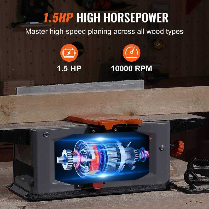 VEVOR Jointer en Espiral de Banco de 6 pulgadas 1.5HP 10000 RPM Jointer de Madera de Banco con Cabezal Cortador en Espiral de 14 Cuchillas para Todo Tipo de Madera - JFJYCP615HP160OG4V1