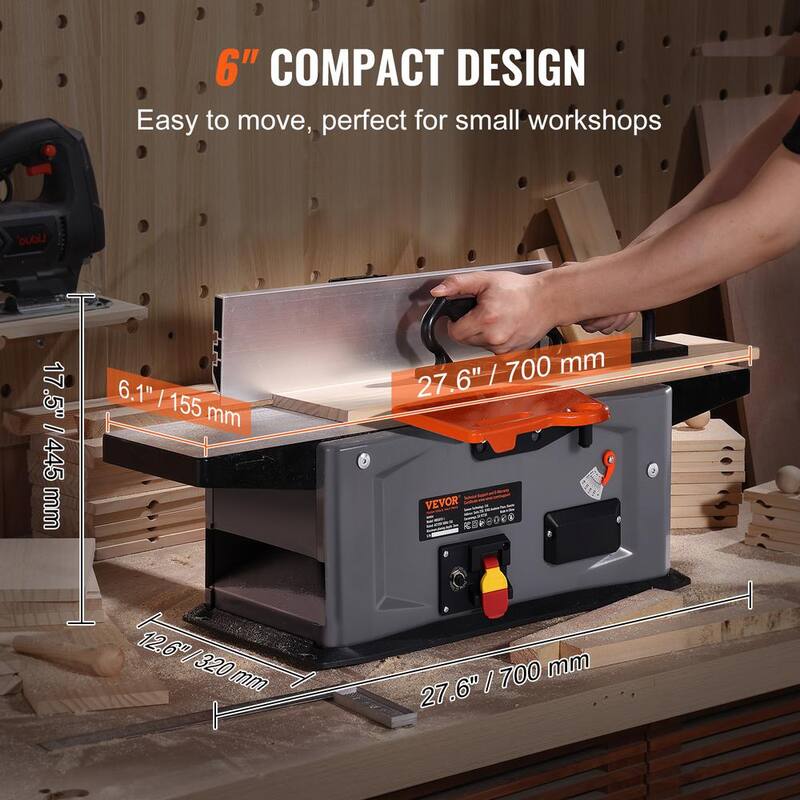 VEVOR Jointer en Espiral de Banco de 6 pulgadas 1.5HP 10000 RPM Jointer de Madera de Banco con Cabezal Cortador en Espiral de 14 Cuchillas para Todo Tipo de Madera - JFJYCP615HP160OG4V1