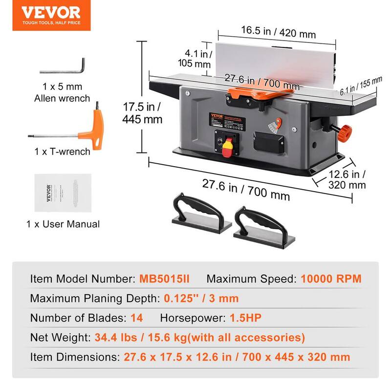 VEVOR Jointer en Espiral de Banco de 6 pulgadas 1.5HP 10000 RPM Jointer de Madera de Banco con Cabezal Cortador en Espiral de 14 Cuchillas para Todo Tipo de Madera - JFJYCP615HP160OG4V1