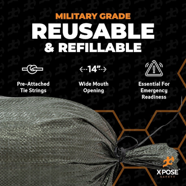 Xpose Safety Woven Poly Sand Bags for Flooding, 14 x 26, 50 lb WL, Empty, Green, Pack of 500, 500PK - SBG-1426-500-X-S
