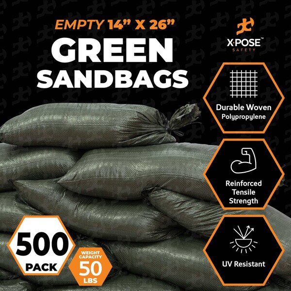 Xpose Safety Woven Poly Sand Bags for Flooding, 14 x 26, 50 lb WL, Empty, Green, Pack of 500, 500PK - SBG-1426-500-X-S