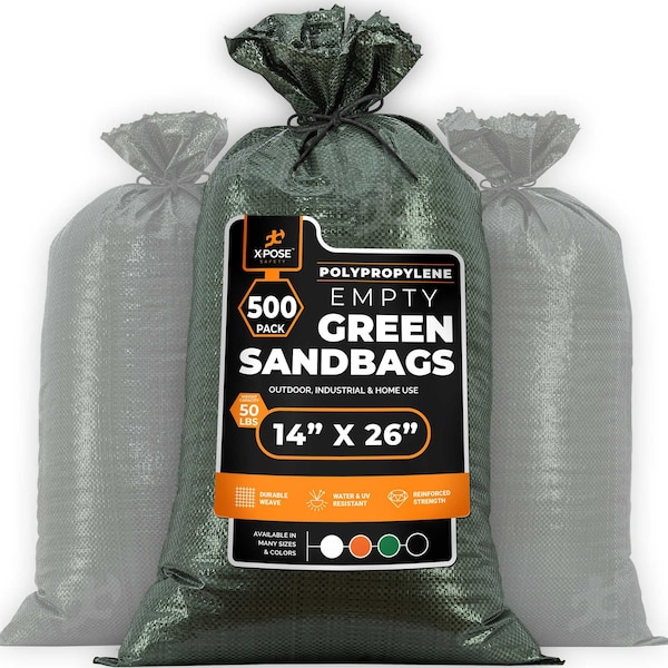 Xpose Safety Woven Poly Sand Bags for Flooding, 14 x 26, 50 lb WL, Empty, Green, Pack of 500, 500PK - SBG-1426-500-X-S