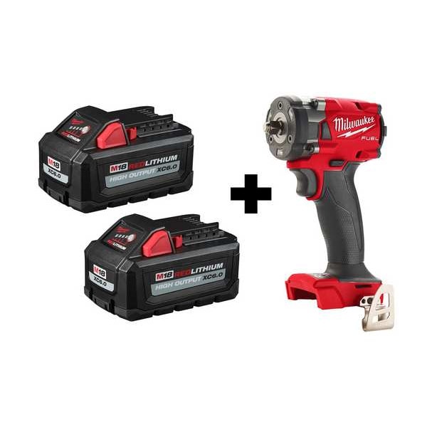 Milwaukee Tool M18 FUEL 3/8" Compact Impact Wrench w/ M18 REDLITHIUM HIGH OUTPUT XC6.0 Batteries, 2-Pack - 48-11-1862, 2854-20