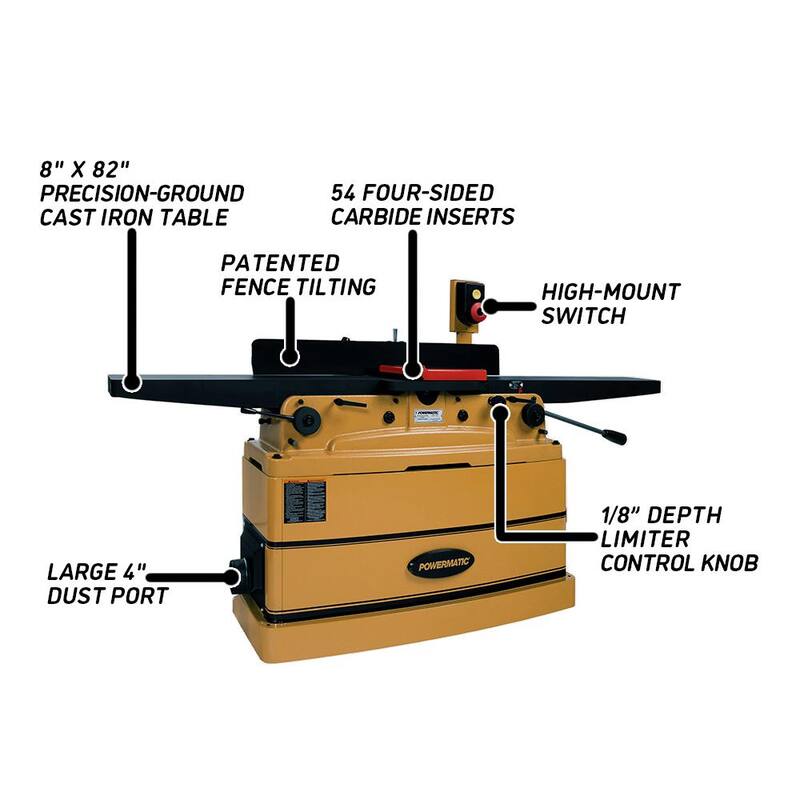 Powermatic PJ882HHT, Cepilladora Paralelogramo de 8 pulgadas con cabezal cortador helicoidal ArmorGlide, 2 HP, 1Ph 230-Volt - PM1-1610082T