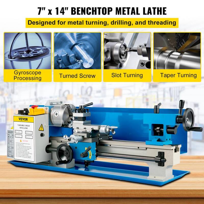 Torno de metal VEVOR 7 pulgadas x 14 pulgadas. Mini torno de metal con velocidad variable de 0-2500 RPM y chuck de 3 mordazas de 4 pulgadas. Torno de metal de banco - 0618WXCC000000001V1.