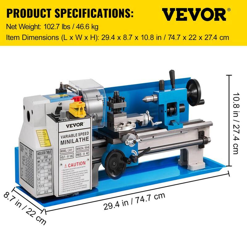 Torno de metal VEVOR 7 pulgadas x 14 pulgadas. Mini torno de metal con velocidad variable de 0-2500 RPM y chuck de 3 mordazas de 4 pulgadas. Torno de metal de banco - 0618WXCC000000001V1.